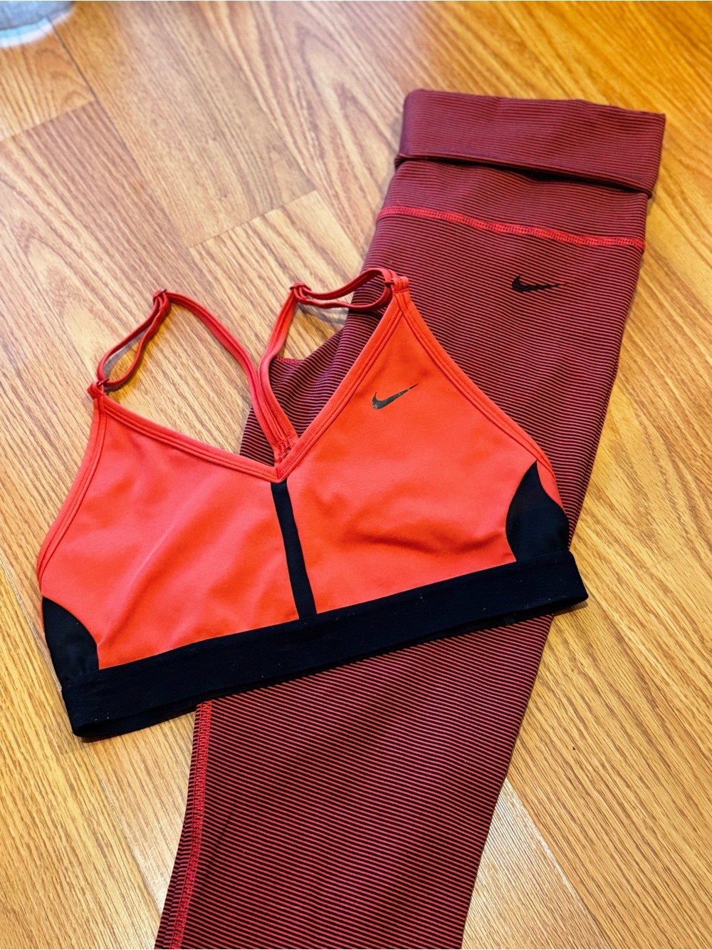 Nike Red and Black Strappy Sports Bra with Matching Red Leggings